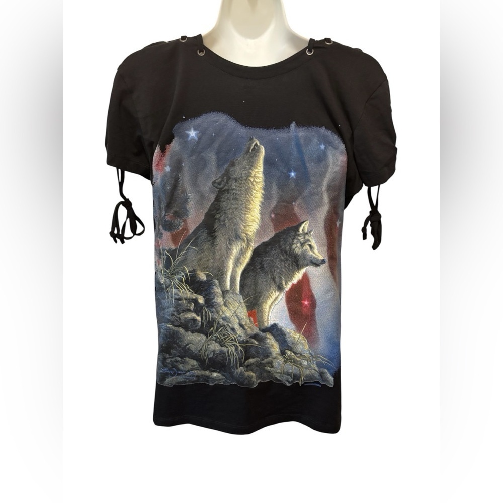 Vance Biker Wear Tee XL Black Howling Wolves Graphics Lace Up Shoulder Stretch